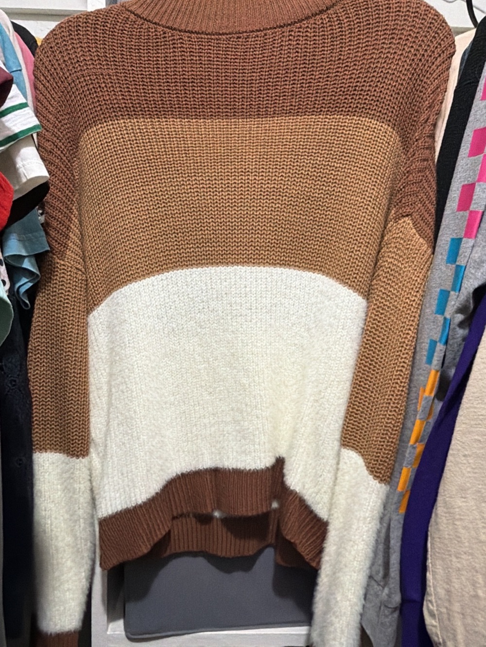 Women's Brown and Cream Colorblock Turtleneck Sweater